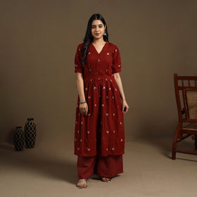 Flared Cotton Maroon Jacquard Kurta with Palazzo Set