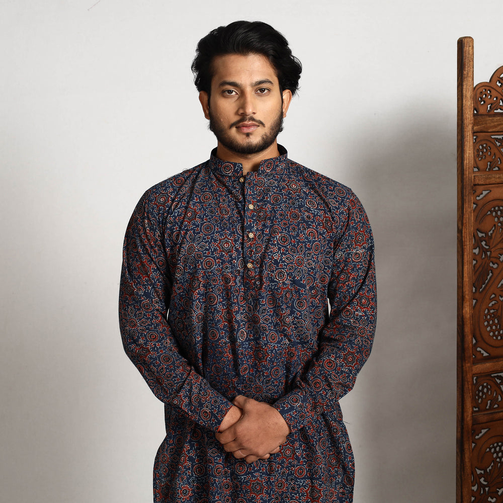 Blue - Ajrakh Block Printed Cotton Men Long Kurta