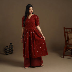 Flared Cotton Maroon Jacquard Kurta with Palazzo Set