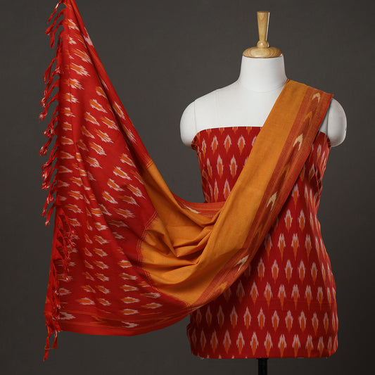 Red - 3pc Pochampally Ikat Weave Handloom Cotton Suit Material Set 03