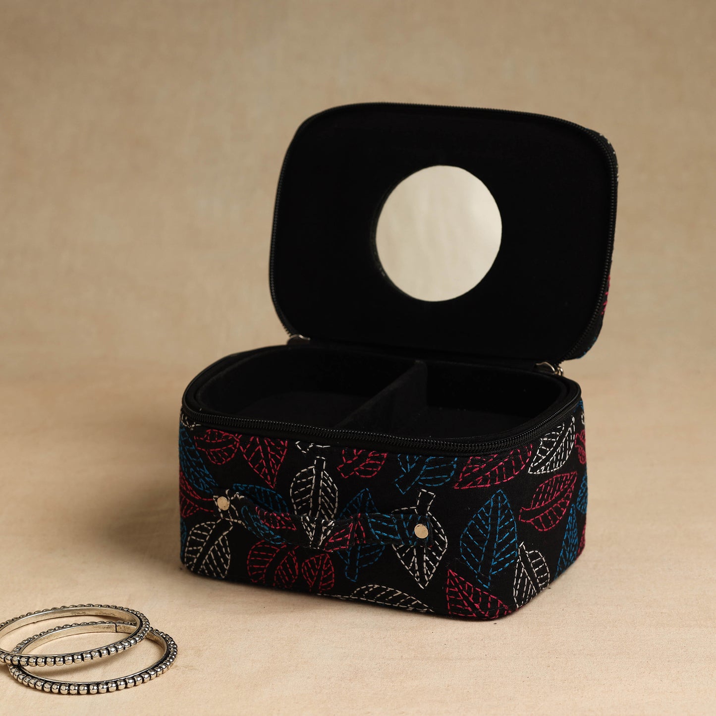 Black - Bengal Kantha Work Handcrafted Jewelry Box with Mirror 05