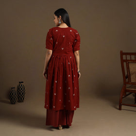 Flared Cotton Maroon Jacquard Kurta with Palazzo Set