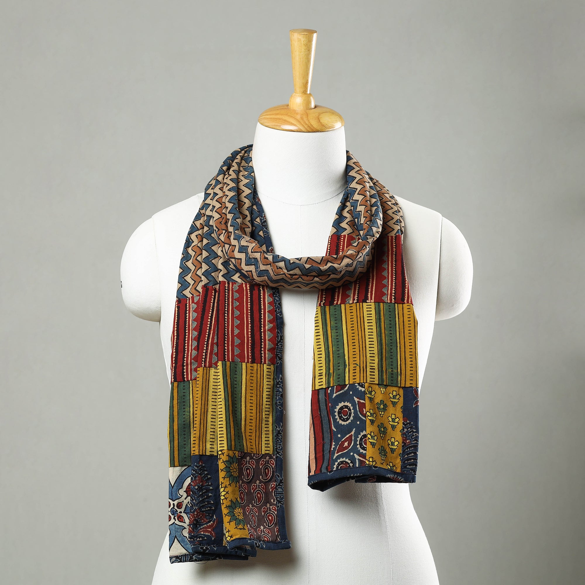 Multicolor - Patchwork Cotton Stole in Ajrakh Block Prints 20