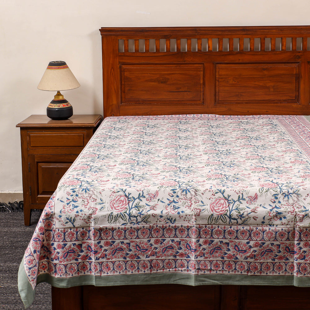 White - Pure Cotton Single Sanganeri Print Bed Cover 52