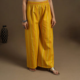 Flared Cotton Lace Work Yellow Jacquard Kurta with Palazzo Set