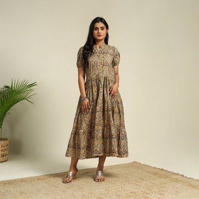 Yellow Block Print Cotton Tiered Kalamkari Dress