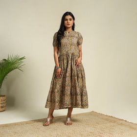 Yellow Block Print Cotton Tiered Kalamkari Dress