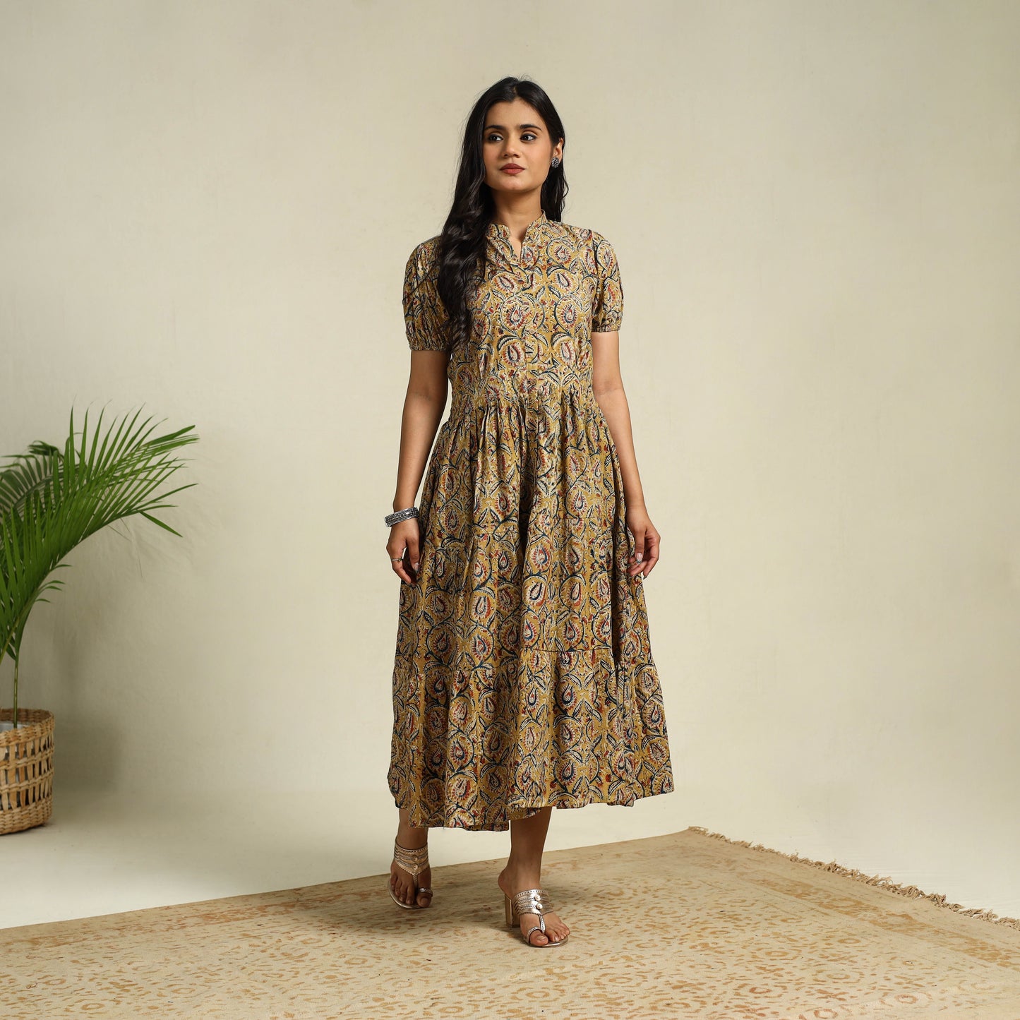 Yellow Block Print Cotton Tiered Kalamkari Dress