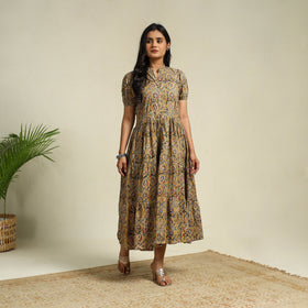Yellow Block Print Cotton Tiered Kalamkari Dress