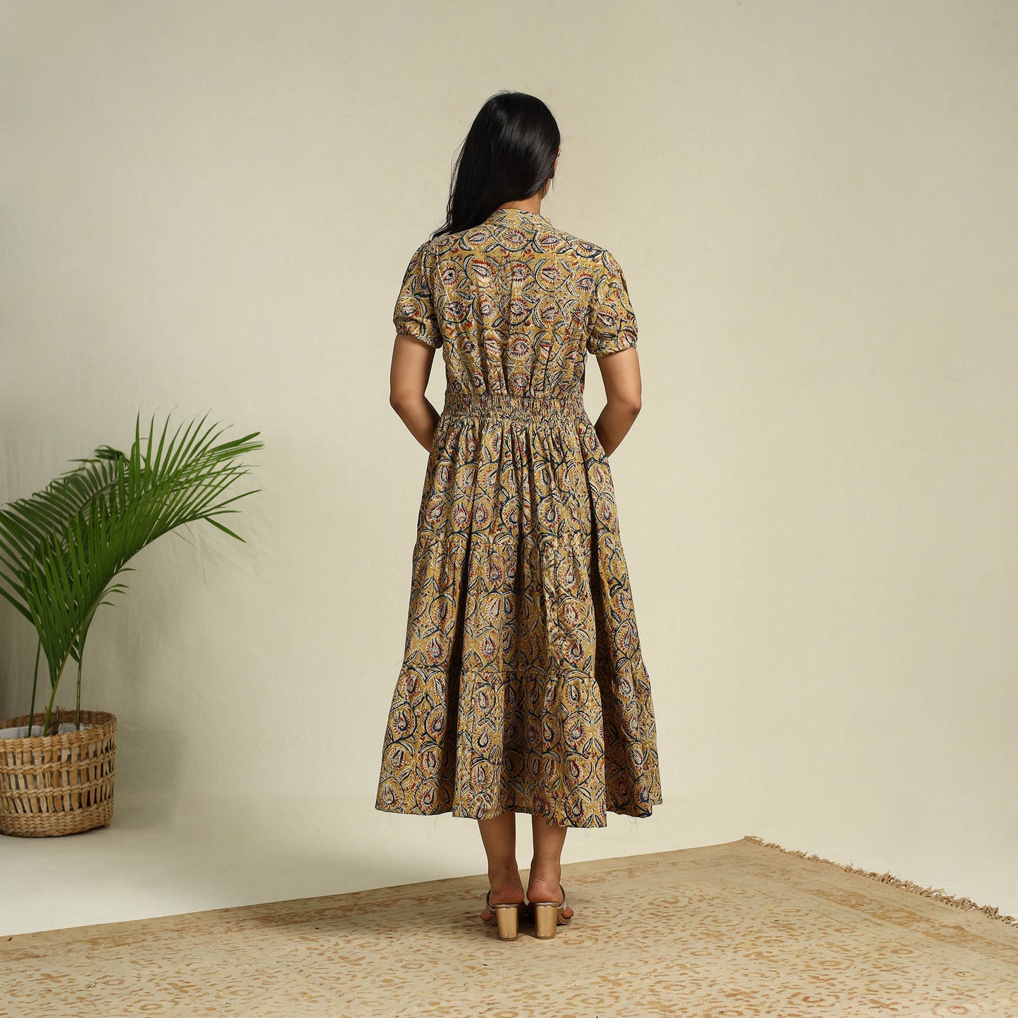 Yellow Block Print Cotton Tiered Kalamkari Dress