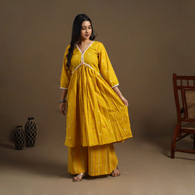Flared Cotton Lace Work Yellow Jacquard Kurta with Palazzo Set