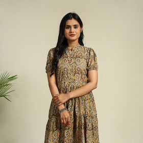 Yellow Block Print Cotton Tiered Kalamkari Dress
