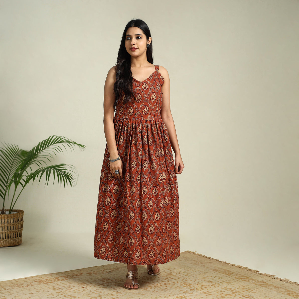 Buy Red Hand Block Print Cotton Flared Ajrakh Dress
