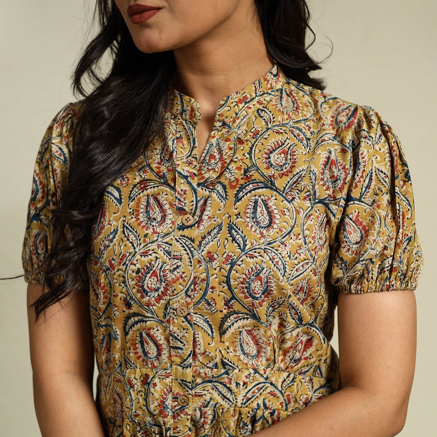 Yellow Block Print Cotton Tiered Kalamkari Dress
