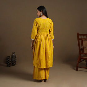 Flared Cotton Lace Work Yellow Jacquard Kurta with Palazzo Set
