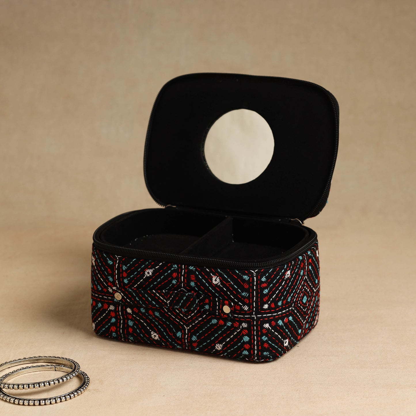 Black - Bengal Kantha Work Handcrafted Jewelry Box with Mirror 11