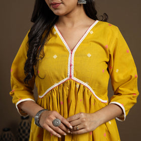 Flared Cotton Lace Work Yellow Jacquard Kurta with Palazzo Set