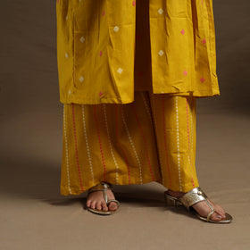 Flared Cotton Lace Work Yellow Jacquard Kurta with Palazzo Set