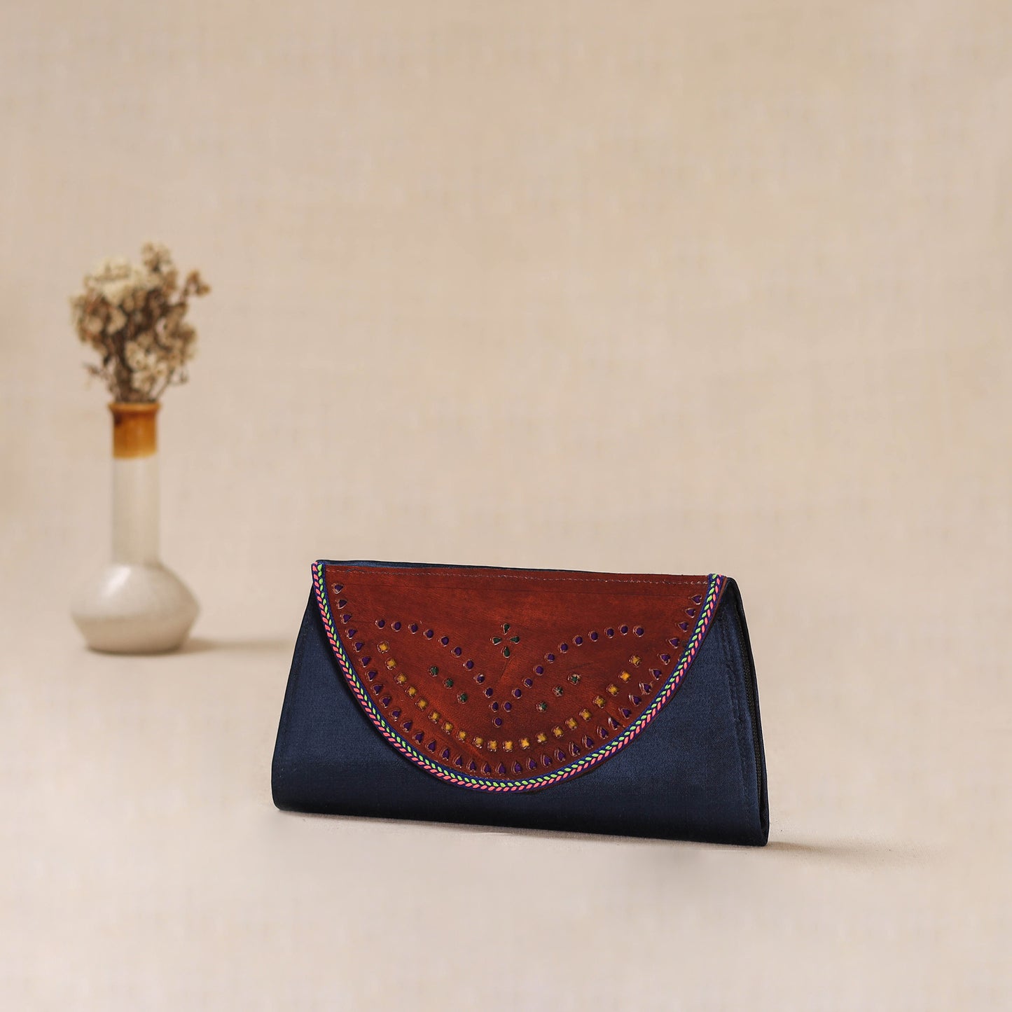 Traditional Kutch Mashru Silk Leather Flap Clutch / Wallet 01