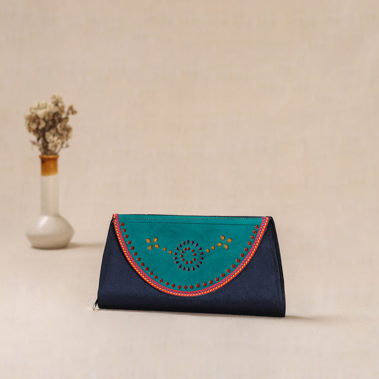 Blue - Traditional Kutch Mashru Silk Leather Flap Clutch / Wallet 02