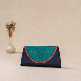 Blue - Traditional Kutch Mashru Silk Leather Flap Clutch / Wallet 02