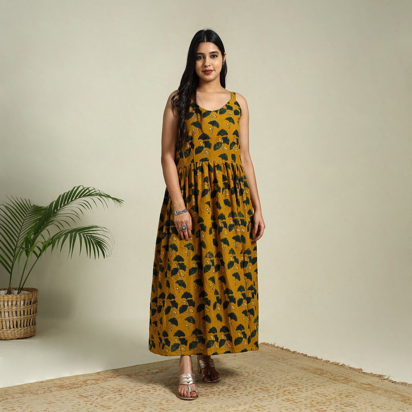 Buy Yellow Hand Block Print Cotton Flared Ajrakh Dress