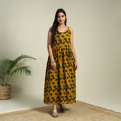 Buy Yellow Hand Block Print Cotton Flared Ajrakh Dress