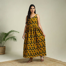Buy Yellow Hand Block Print Cotton Flared Ajrakh Dress