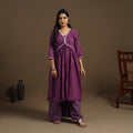 Flared Cotton Lace Work Purple Jacquard Kurta with Palazzo Set