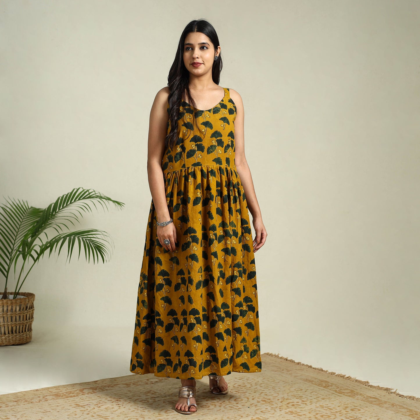 Buy Yellow Hand Block Print Cotton Flared Ajrakh Dress