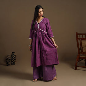 Flared Cotton Lace Work Purple Jacquard Kurta with Palazzo Set