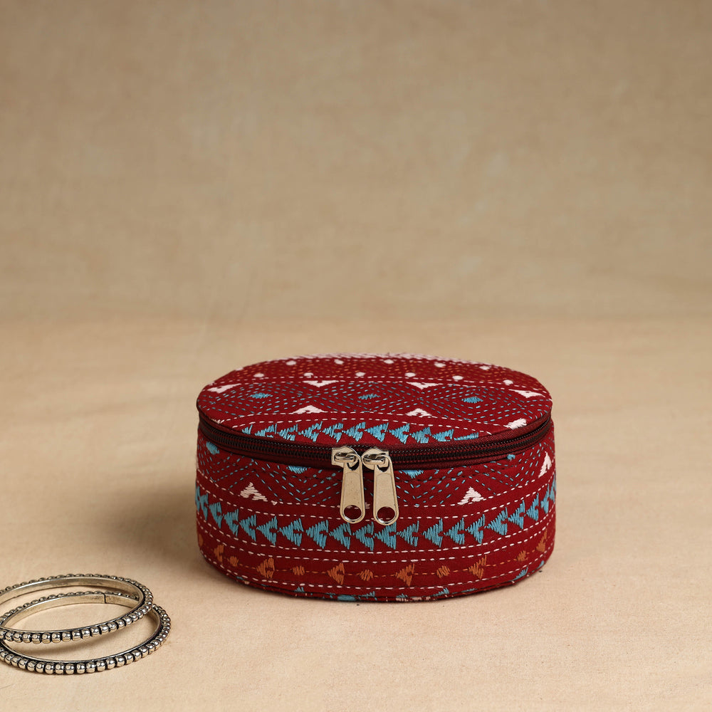 Red - Bengal Kantha Work Handcrafted Oval Jewelry Box with Mirror 14