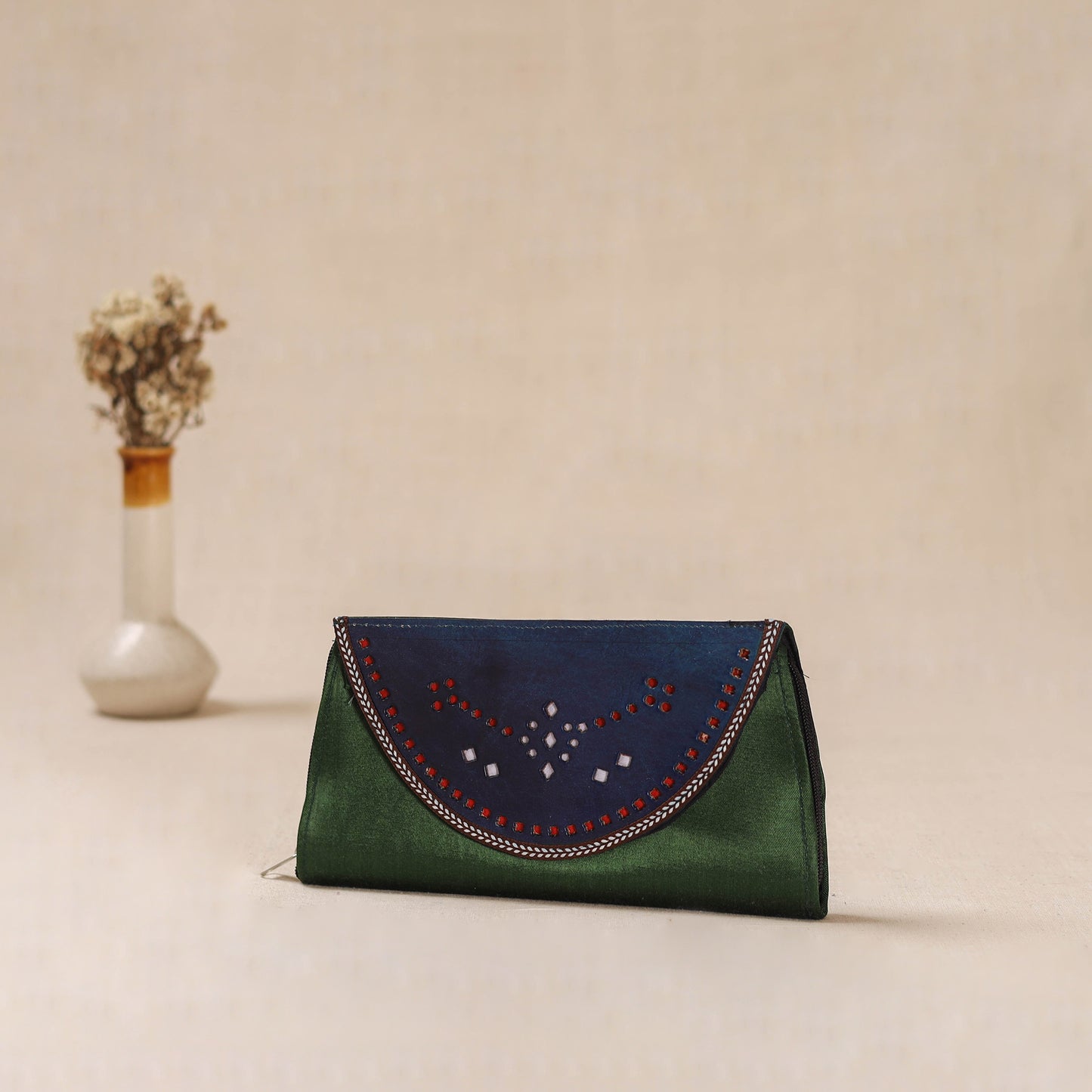 Traditional Kutch Mashru Silk Leather Flap Clutch / Wallet 05