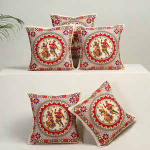 Multicolor - Set of 5 - Aari Hand Embroidery Cotton Cushion Cover (16 x 16 in) 08