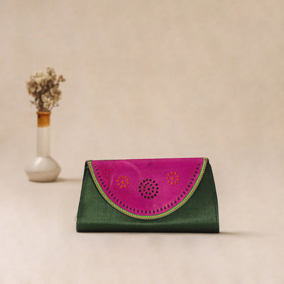 Traditional Kutch Mashru Silk Leather Flap Clutch / Wallet 06