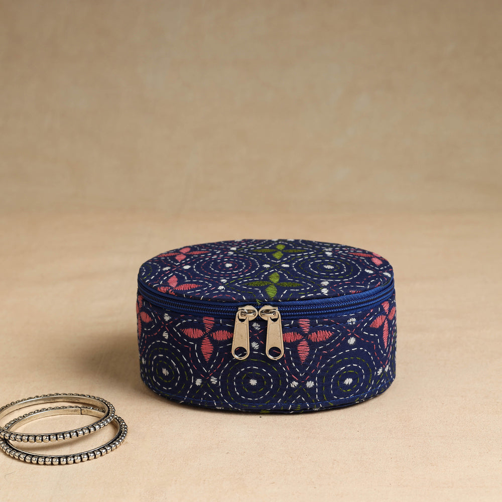 Blue - Bengal Kantha Work Handcrafted Oval Jewelry Box with Mirror 17