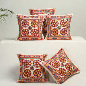 Multicolor - Set of 5 - Aari Hand Embroidery Cotton Cushion Cover (16 x 16 in) 09
