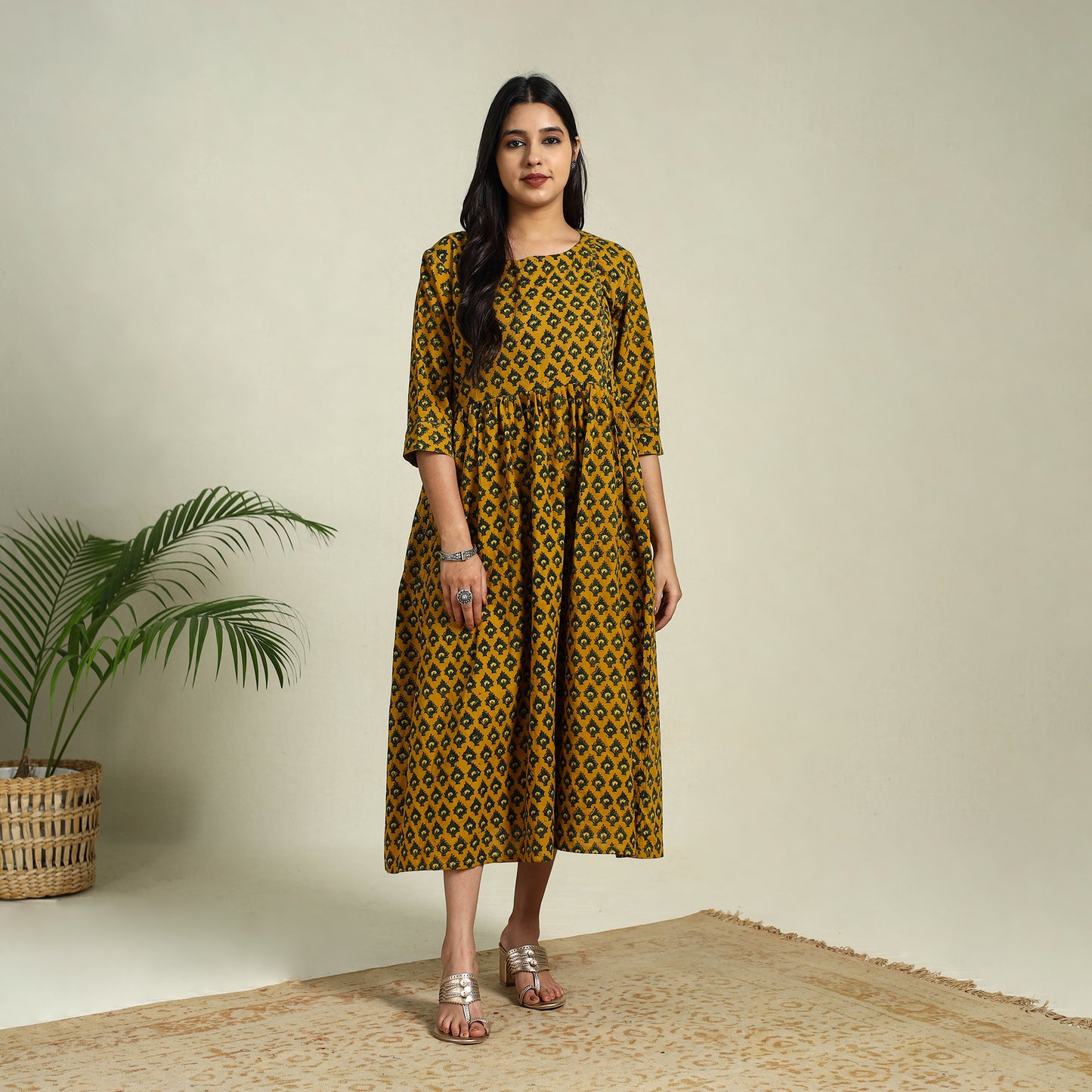 Buy Yellow Hand Block Print Cotton Flared Ajrakh Dress