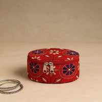 Red - Bengal Kantha Work Handcrafted Oval Jewelry Box with Mirror 18