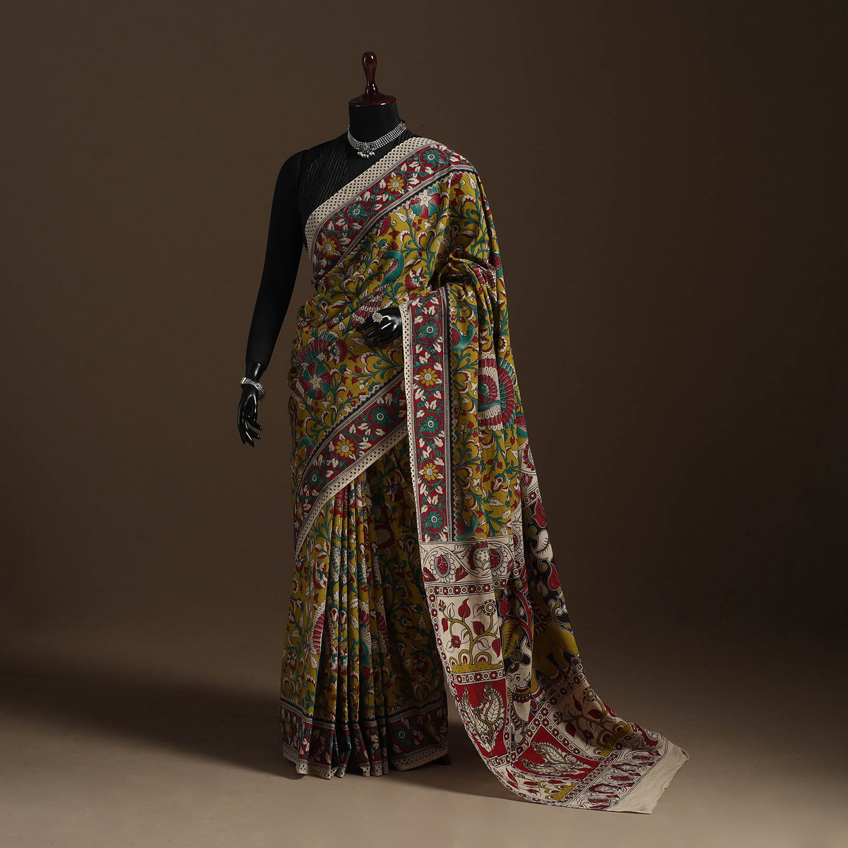 Yellow Printed Cotton Kalamkari Saree