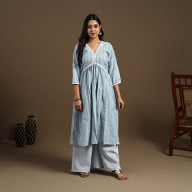 Light Blue Flared Cotton Lace Work Jacquard Kurta for Women