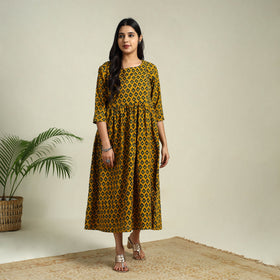 Buy Yellow Hand Block Print Cotton Flared Ajrakh Dress