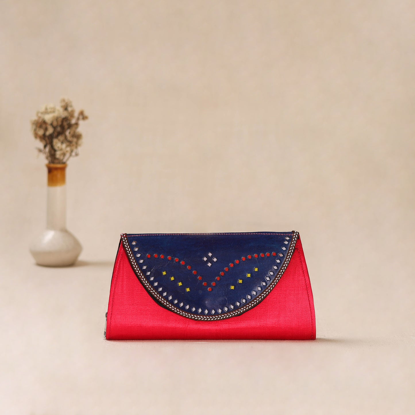 Pink - Traditional Kutch Mashru Silk Leather Flap Clutch / Wallet 08