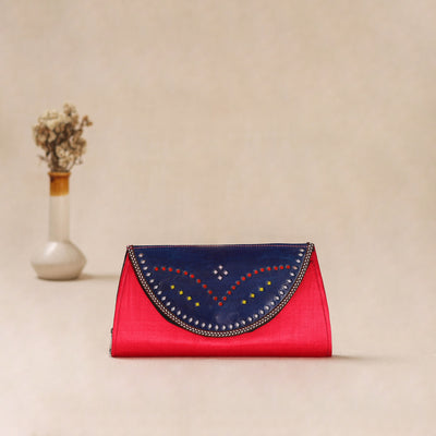 Pink - Traditional Kutch Mashru Silk Leather Flap Clutch / Wallet 08
