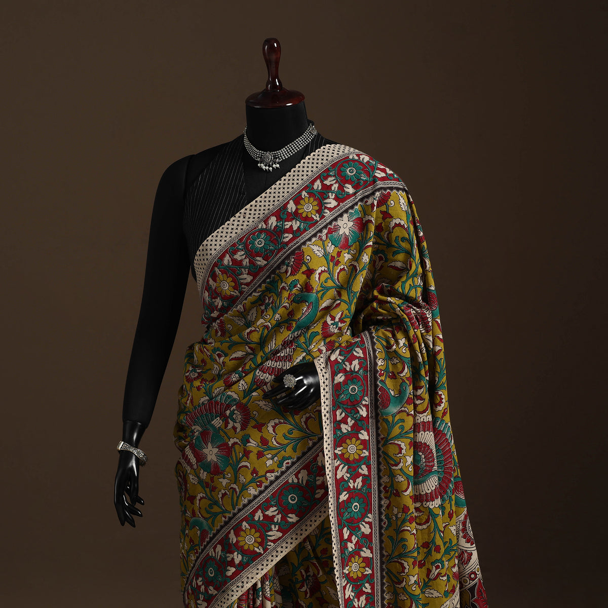 Yellow Printed Cotton Kalamkari Saree