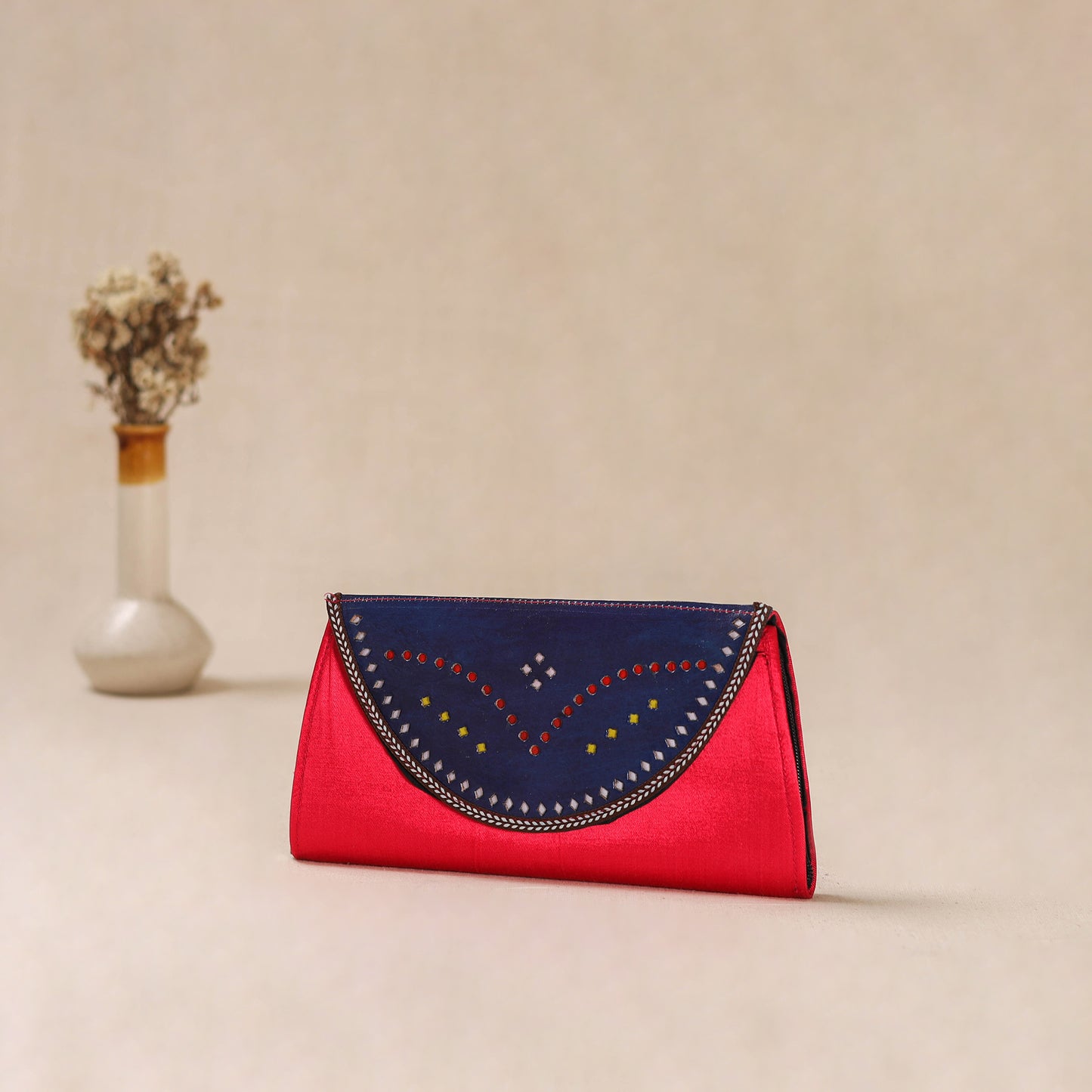 Pink - Traditional Kutch Mashru Silk Leather Flap Clutch / Wallet 08
