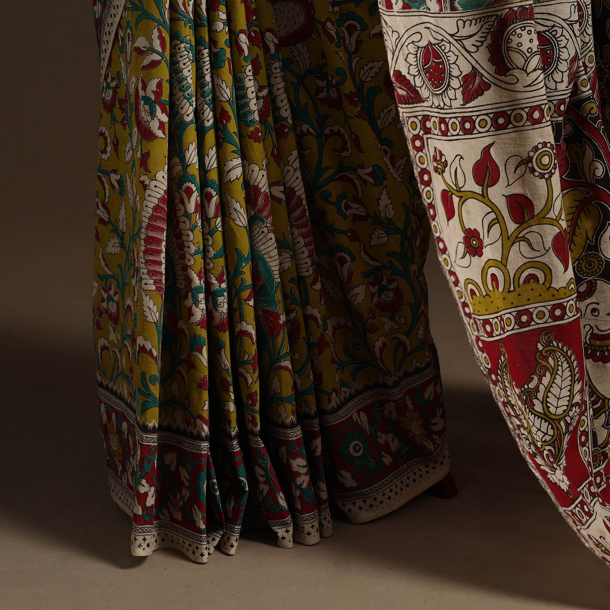 Yellow Printed Cotton Kalamkari Saree