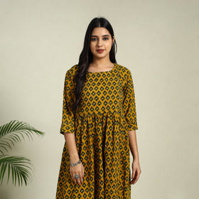 Buy Yellow Hand Block Print Cotton Flared Ajrakh Dress