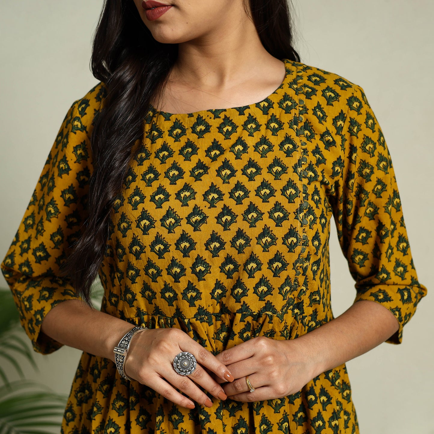 Buy Yellow Hand Block Print Cotton Flared Ajrakh Dress
