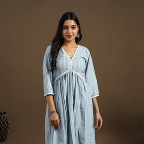Light Blue Flared Cotton Lace Work Jacquard Kurta for Women